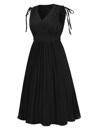 swvws Pleated V-Neck Sleeveless Midi Dress