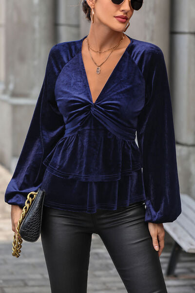 swvws Twisted Layered Plunge Raglan Sleeve Blouse