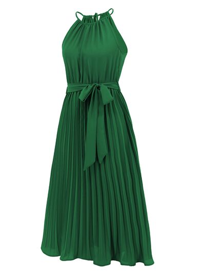 swvws Pleated Spaghetti Strap Tie Waist Midi Dress