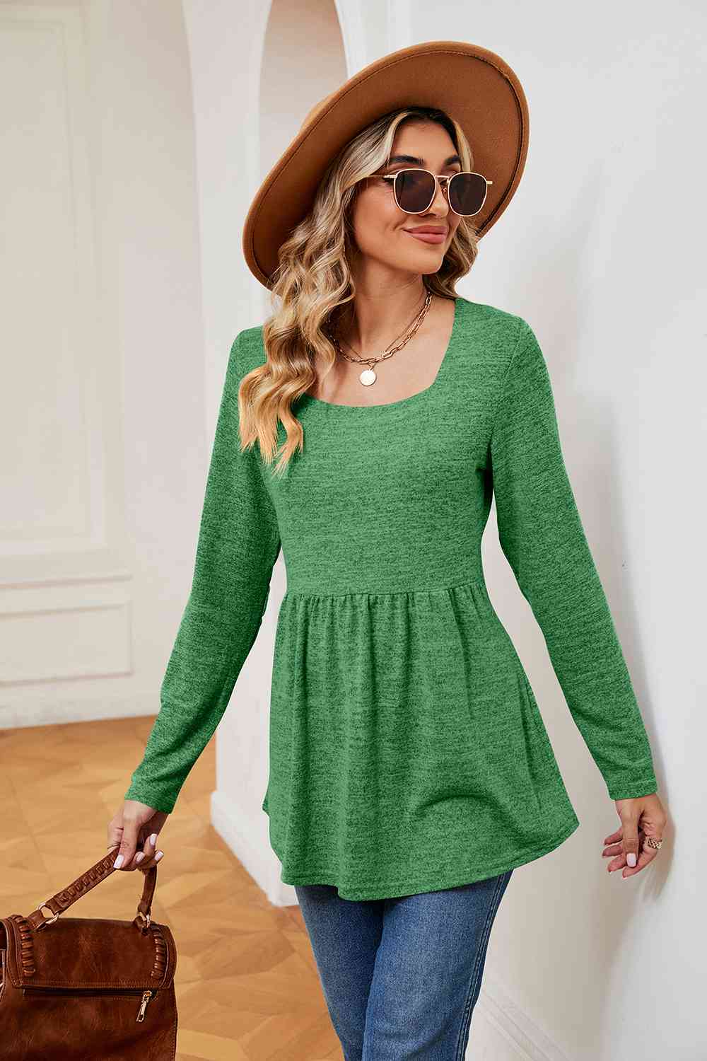 swvws Square Neck Long Sleeve Peplum Top