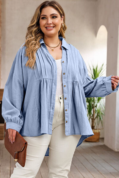 swvws Plus Size High-Low Button Up Dropped Shoulder Shirt