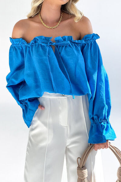 swvws Drawstring Off-Shoulder Flounce Sleeve Blouse