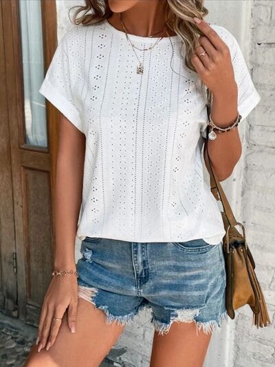 swvws Eyelet Round Neck Short Sleeve T-Shirt