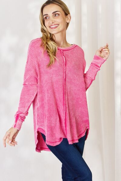 swvws Zenana Oversized Washed Waffle Long Sleeve Top