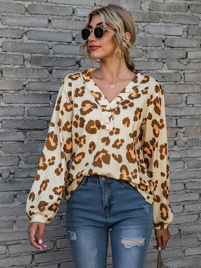 swvws Leopard V-Neck Decorative Button Long Sleeve Blouse