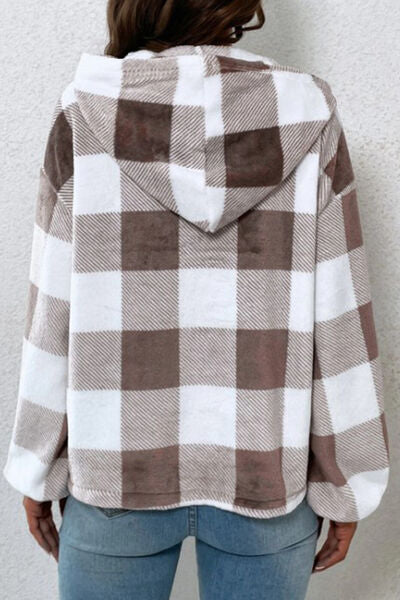 swvws Plaid Quarter Button Dropped Shoulder Hoodie