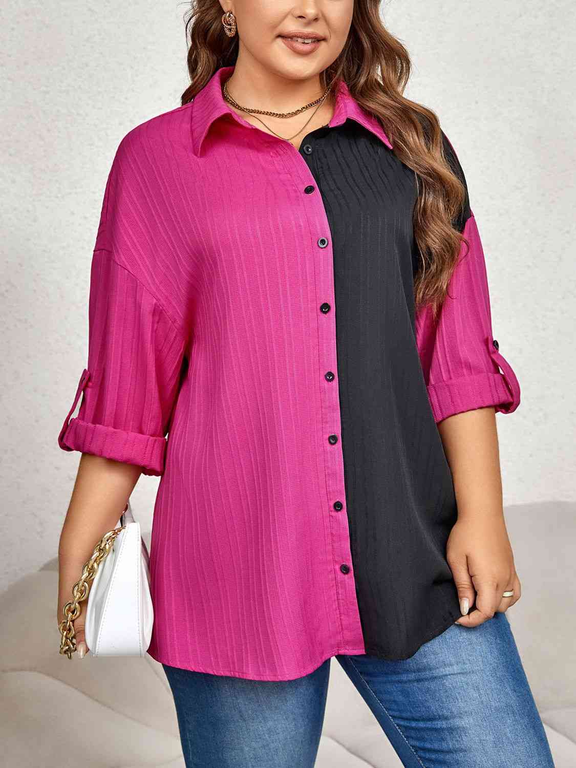 swvws Plus Size Contrast Color Roll-Tap Sleeve Shirt