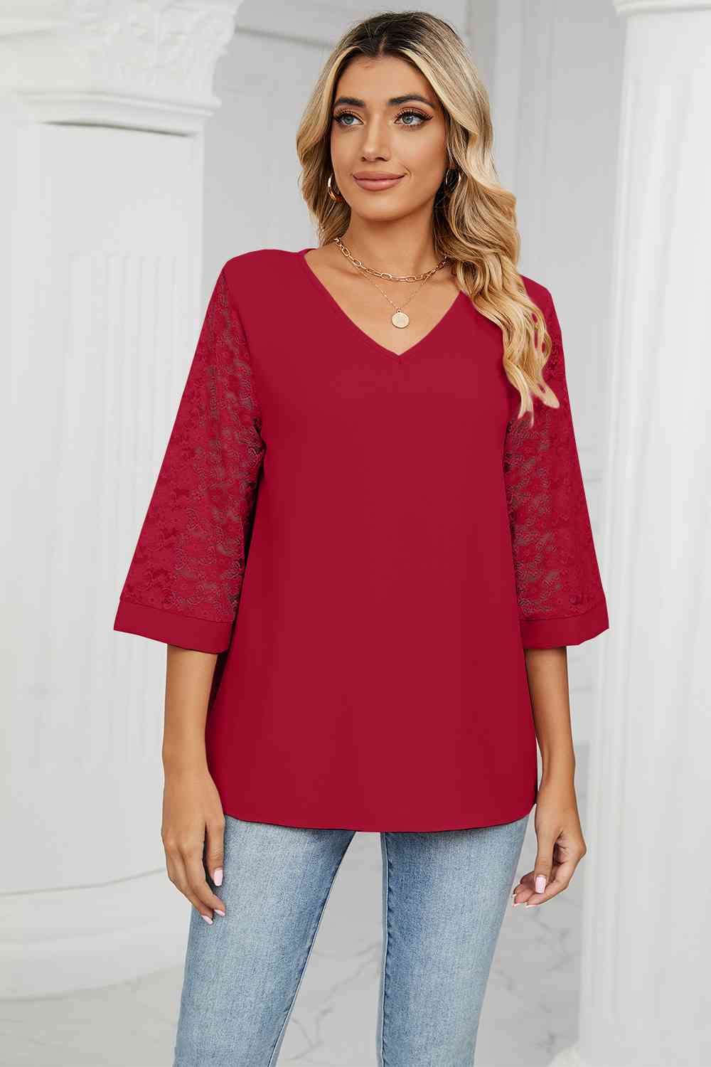 swvws V-Neck Three-Quarter Sleeve Top