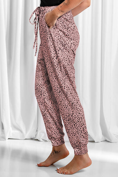 swvws Full Size Leopard Drawstring Pocketed Pants