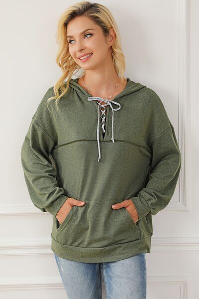 swvws Lace-Up Exposed Seam Hoodie with Pocket