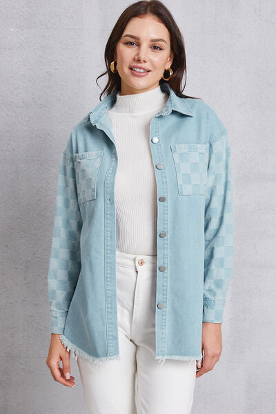 swvws Raw Hem Checkered Dropped Shoulder Denim Jacket