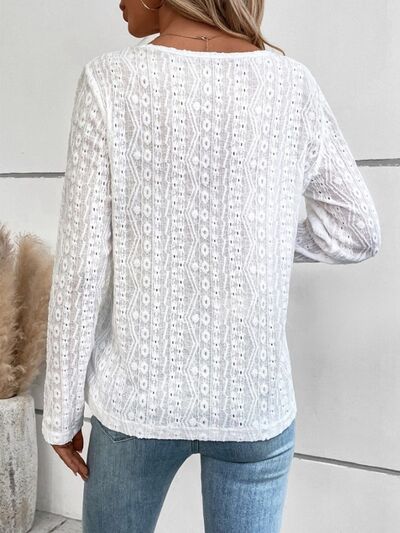 swvws Openwork Half Button Long Sleeve Blouse