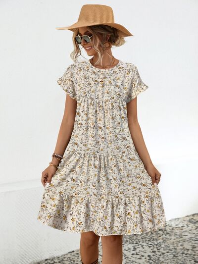 swvws Frill Floral Round Neck Short Sleeve Tiered Dress