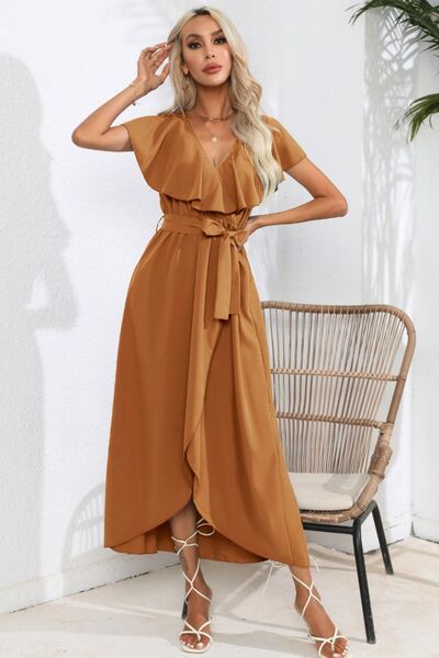 swvws Ruffled Tied V-Neck Midi Dress