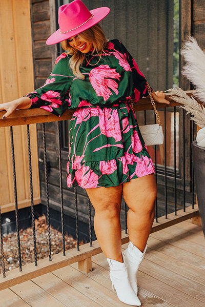 swvws Plus Size Printed Lantern Sleeve Ruffle Hem Dress