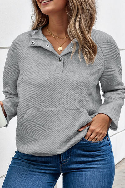 swvws Plus Size Texture Half Snap Long Sleeve Sweatshirt