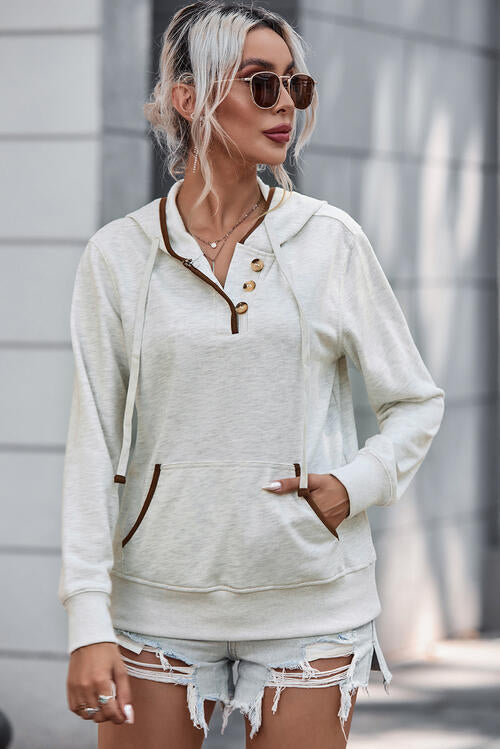 swvws Half Button Drawstring Long Sleeve Hoodie