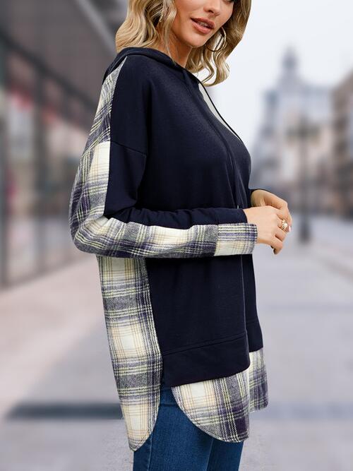 swvws Plaid Drawstring Long Sleeve Slit Hoodie