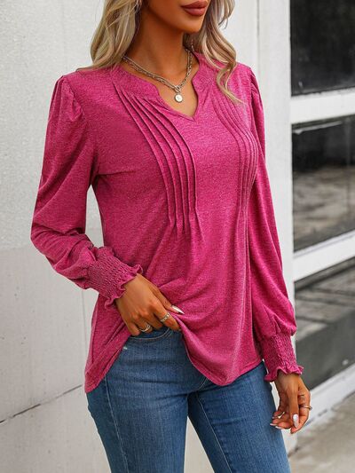 swvws Notched Smocked Lantern Sleeve Blouse