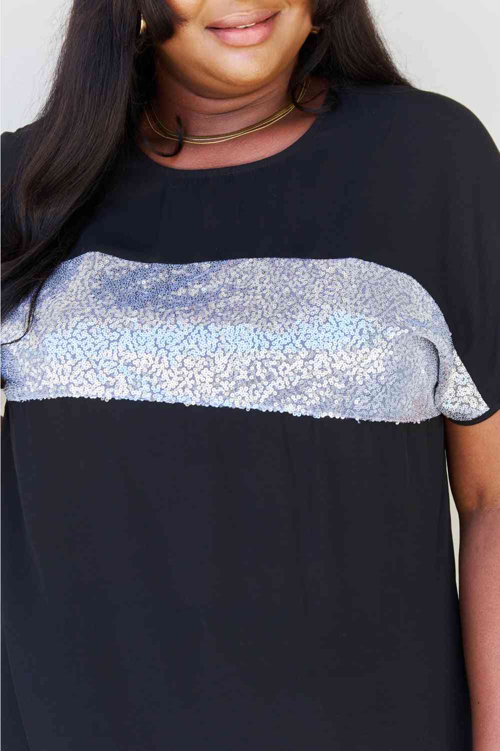 swvws Sew In Love Shine Bright Full Size Center Mesh Sequin Top in Black/Silver