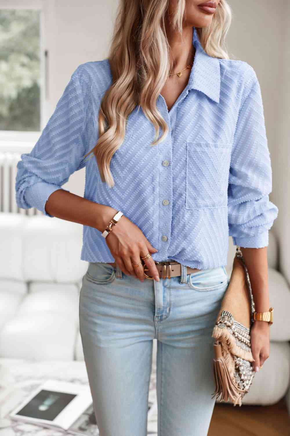 swvws Collared Neck Long Sleeve Pocketed Shirt