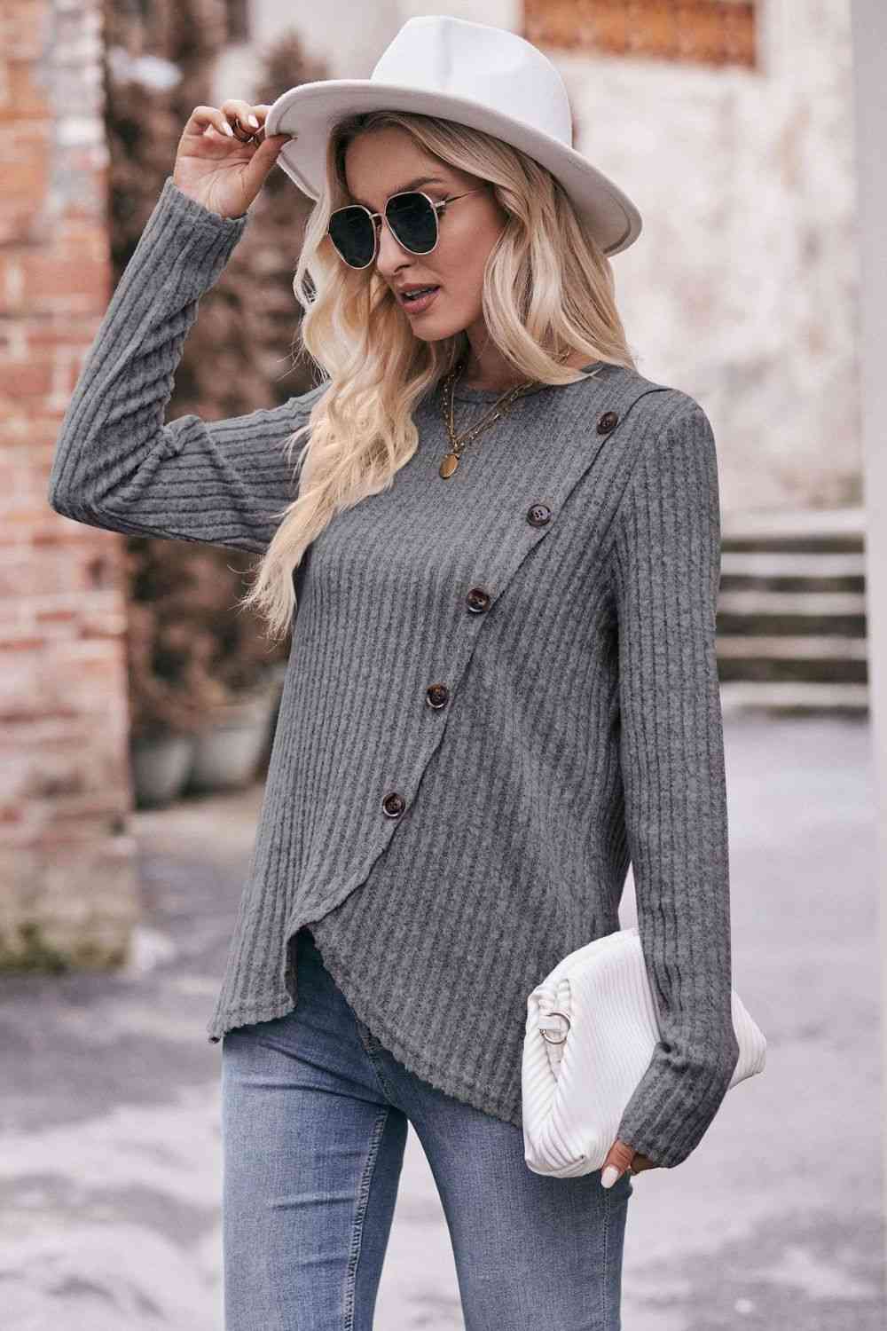 swvws Double Take Ribbed Round Neck Buttoned Long Sleeve Tee