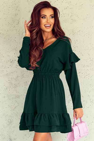 swvws Ruffled V-Neck Dropped Shoulder Mini Dress