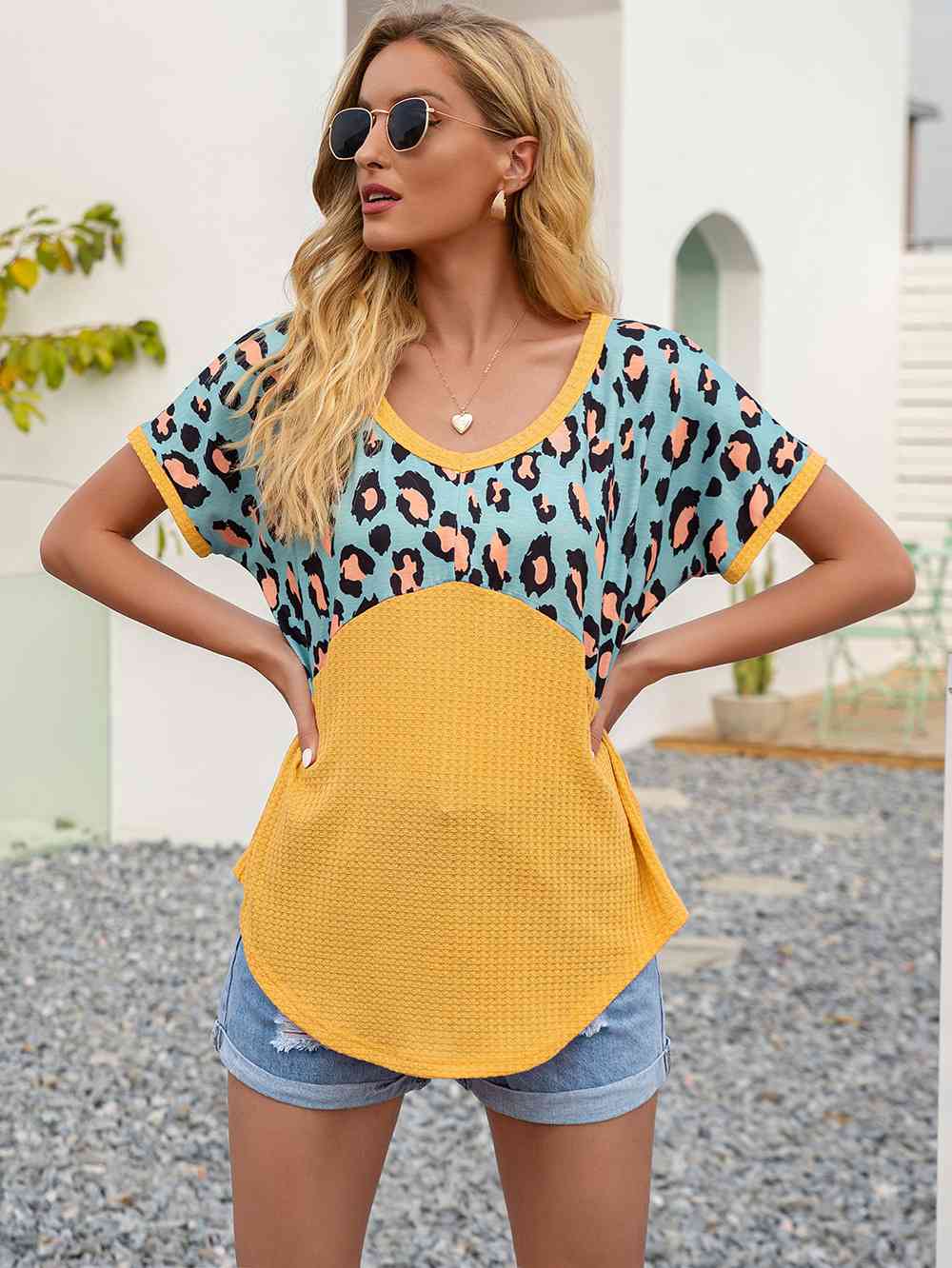 swvws Leopard Waffle-Knit Short Sleeve Top