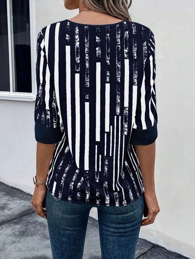 swvws Striped Notched Half Sleeve Blouse