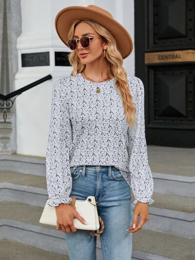 swvws Printed Round Neck Flounce Sleeve Blouse