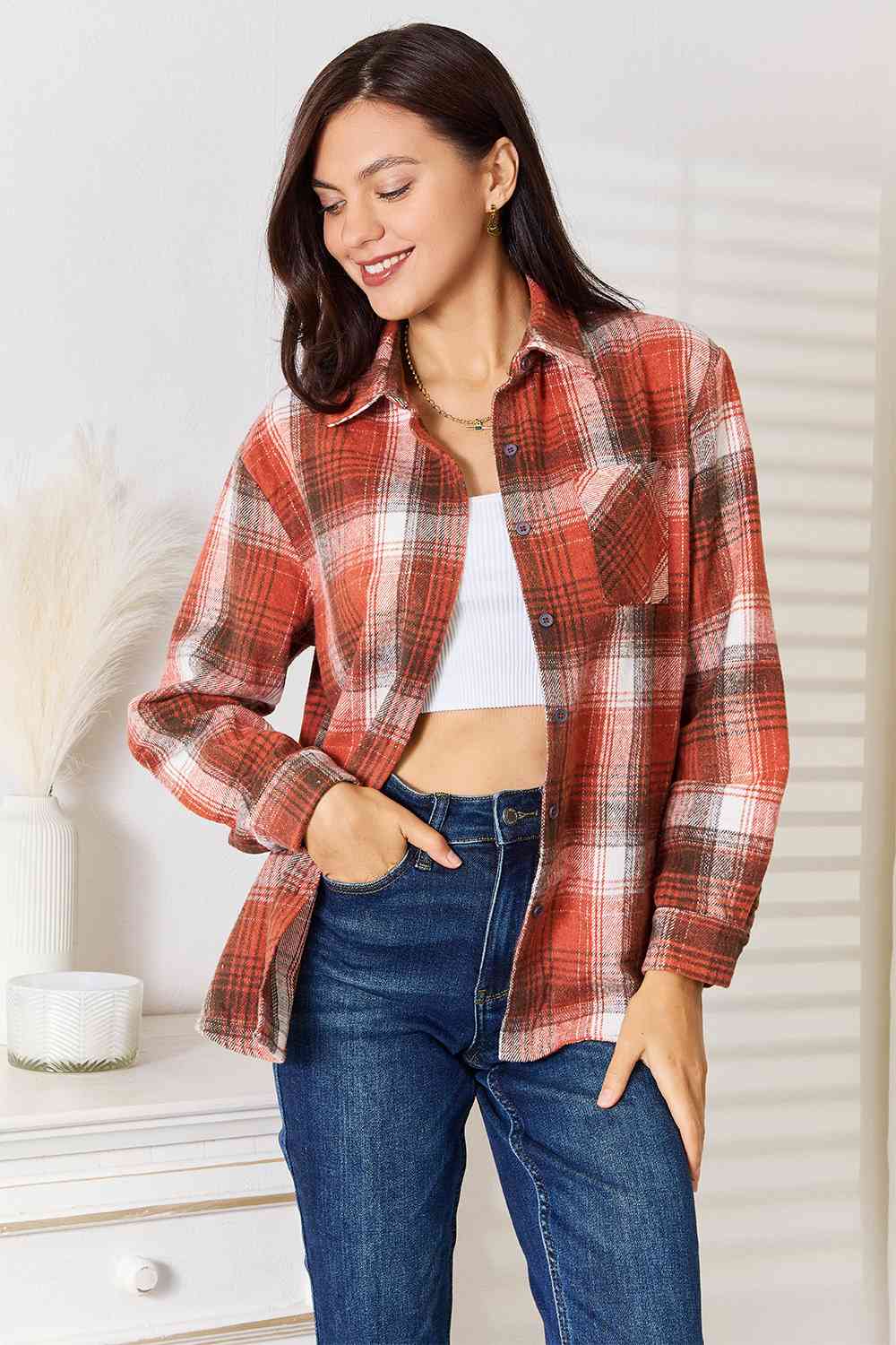 swvws Double Take Plaid Collared Neck Long Sleeve Shirt