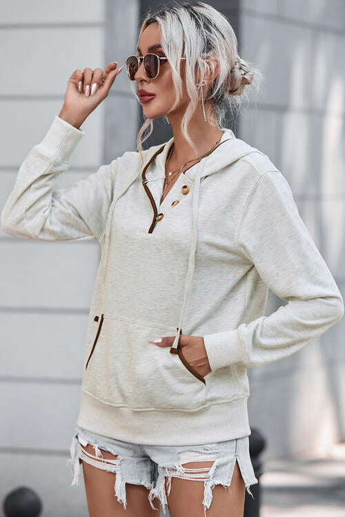 swvws Half Button Drawstring Long Sleeve Hoodie