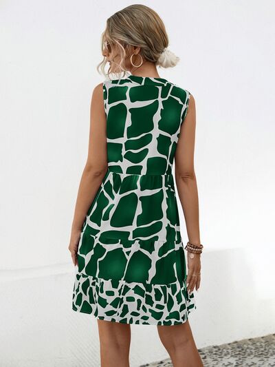 swvws Printed Notched Sleeveless Tiered Dress