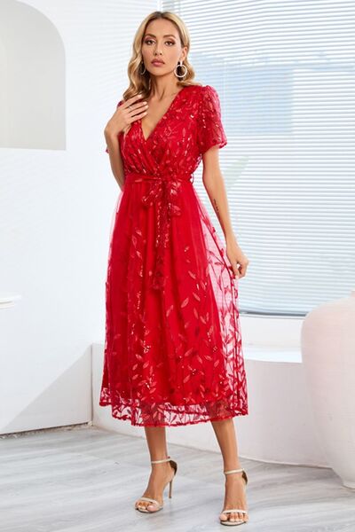 swvws Sequin Leaf Embroidery Tie Front Short Sleeve Dress