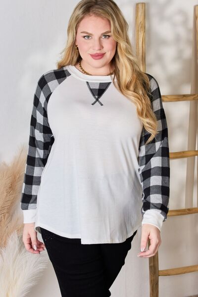 swvws Hailey & Co Full Size Plaid Raglan Sleeve Round Neck Blouse