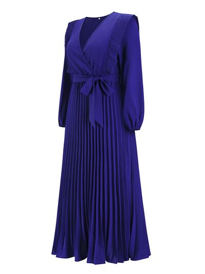 swvws Pleated Surplice Tie Waist Maxi Dress