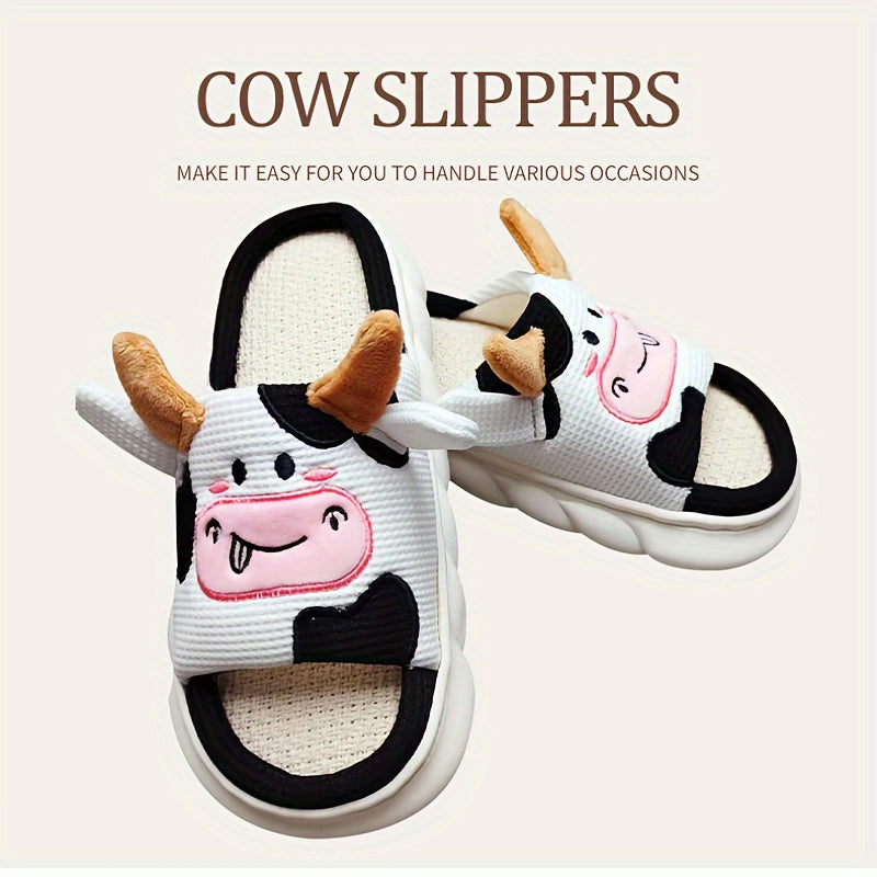 Cute Cartoon Cow Design Slippers, Casual Open Toe Linen Sole Shoes, Comfortable Indoor Home Slippers for fall