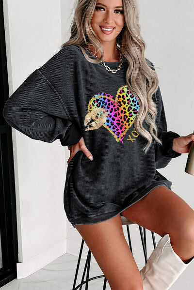 swvws XOXO Leopard Round Neck Sweatshirt