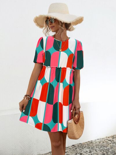 swvws Geometric Frill Round Neck Short Sleeve Dress