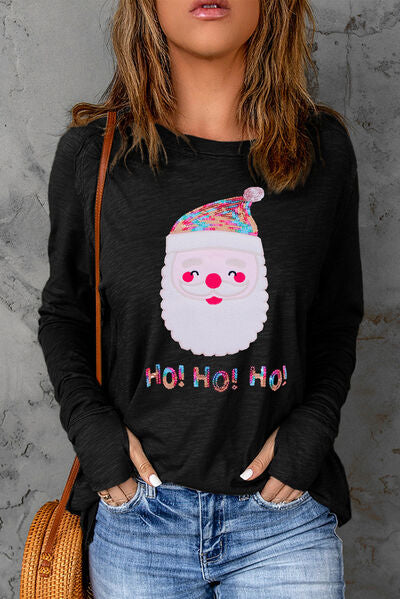 swvws Sequin Santa Round Neck Long Sleeve T-Shirt