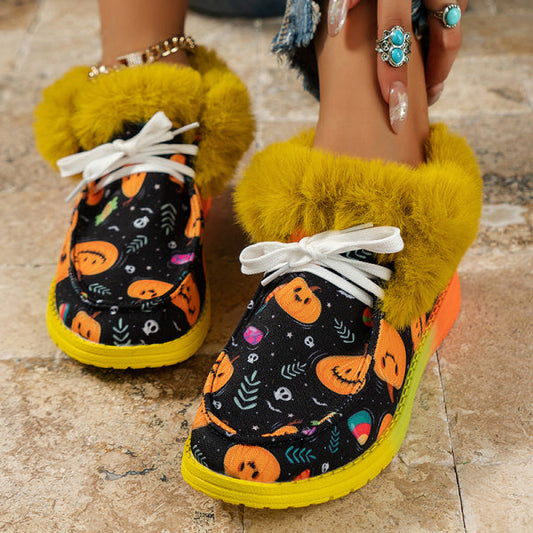 swvws - Black Casual Patchwork Frenulum Printing Round Keep Warm Comfortable Out Door Shoes