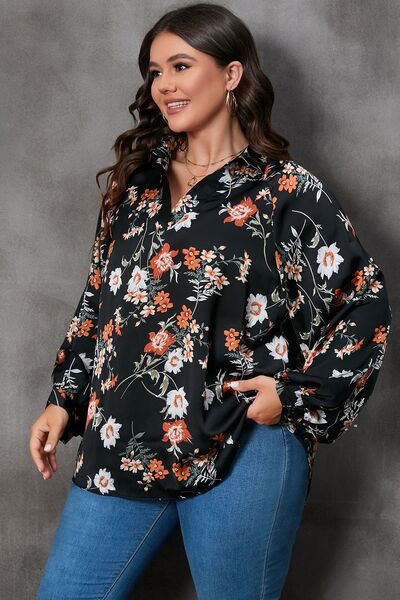 swvws Plus Size Printed Johnny Collar Long Sleeve Blouse