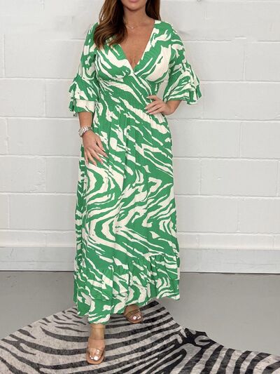 swvws Smocked Printed Flounce Sleeve Maxi Dress