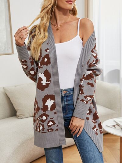 swvws Leopard Open Front Dropped Shoulder Cardigan