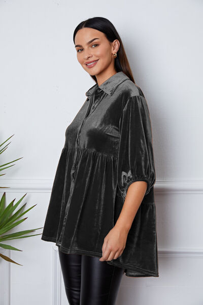 swvws Velvet Tiered Button Up Collared Neck Shirt