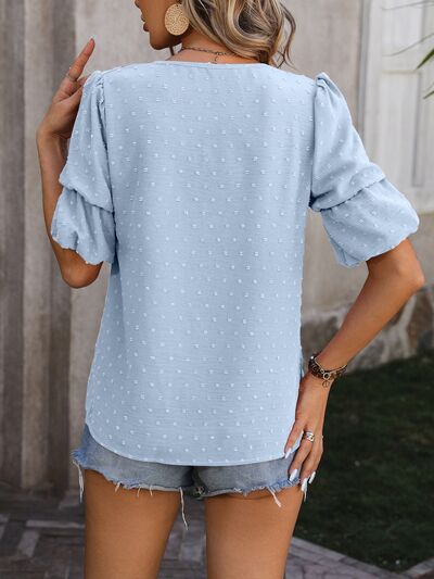 swvws Swiss Dot V-Neck Short Sleeve Blouse