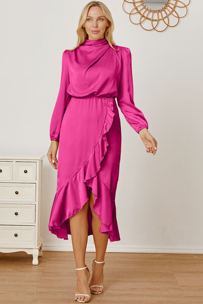 swvws Mock Neck Ruffled Asymmetrical Dress