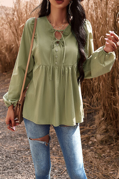 swvws Tied Decorative Button Balloon Sleeve Blouse