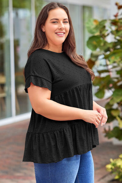 swvws Plus Size Eyelet Round Neck Short Sleeve Blouse