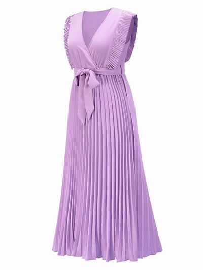 swvws Tied Surplice Cap Sleeve Pleated Dress